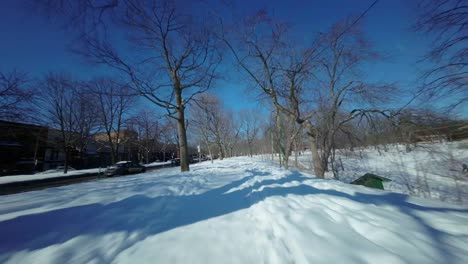un dron fpv volando bajo sobre el parque la fontaine, montreal, mostrando su paisaje invernal