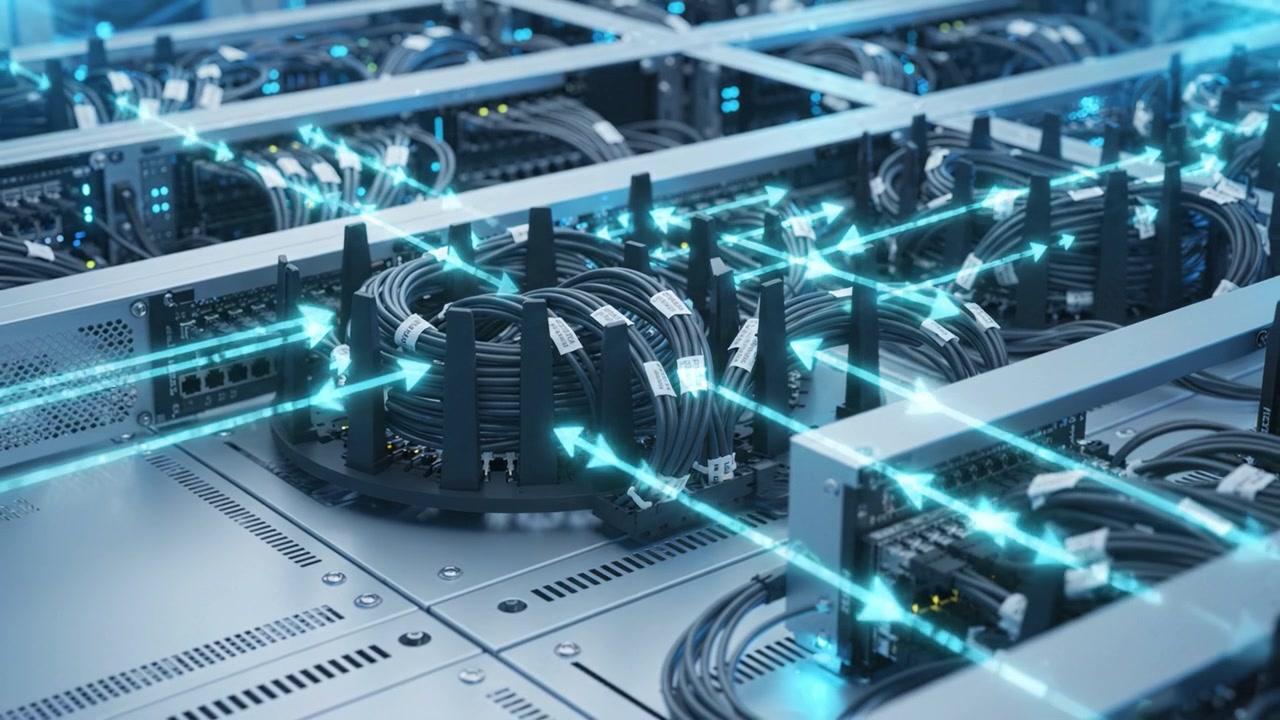 A detailed view of interconnected network cables and data centers showcasing advanced technology and efficient communication systems in a modern computing environment.