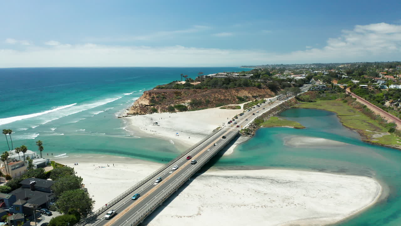 Aerial shot PCH the lagoon and beach in Del Mar, CA