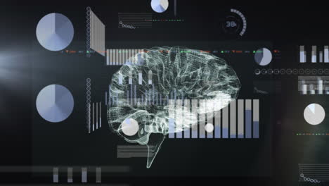 animation of data processing over spinning brain and stock market on black background