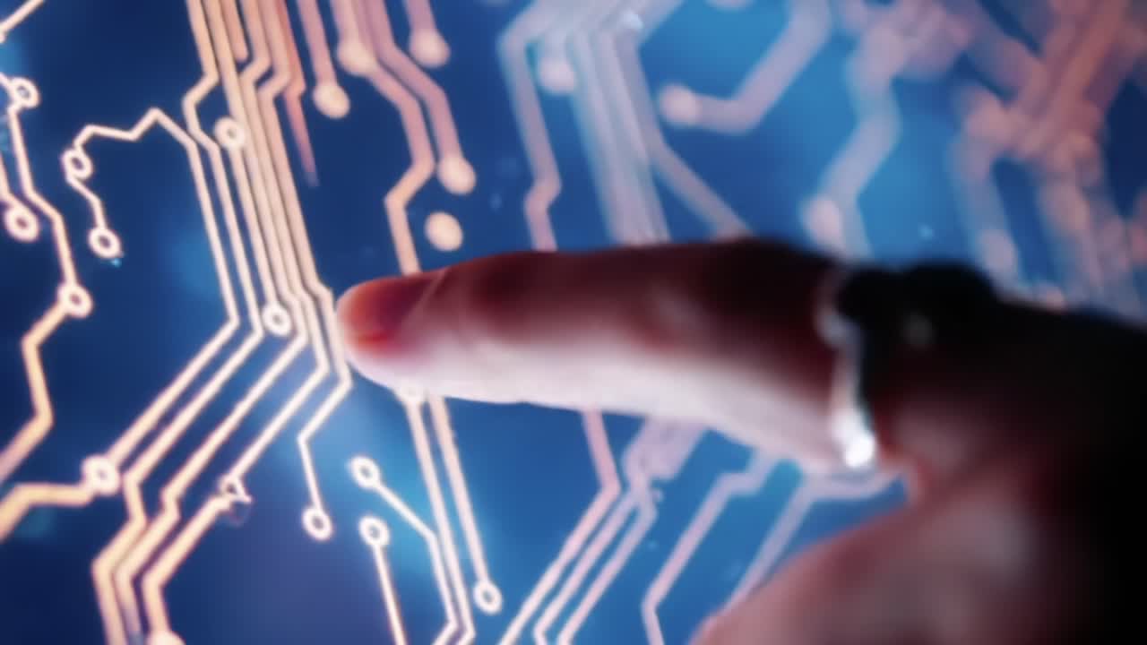 A close-up view of a fingertip exploring a vibrant circuit board design, showcasing intricate connections and glowing pathways in a high-tech environment