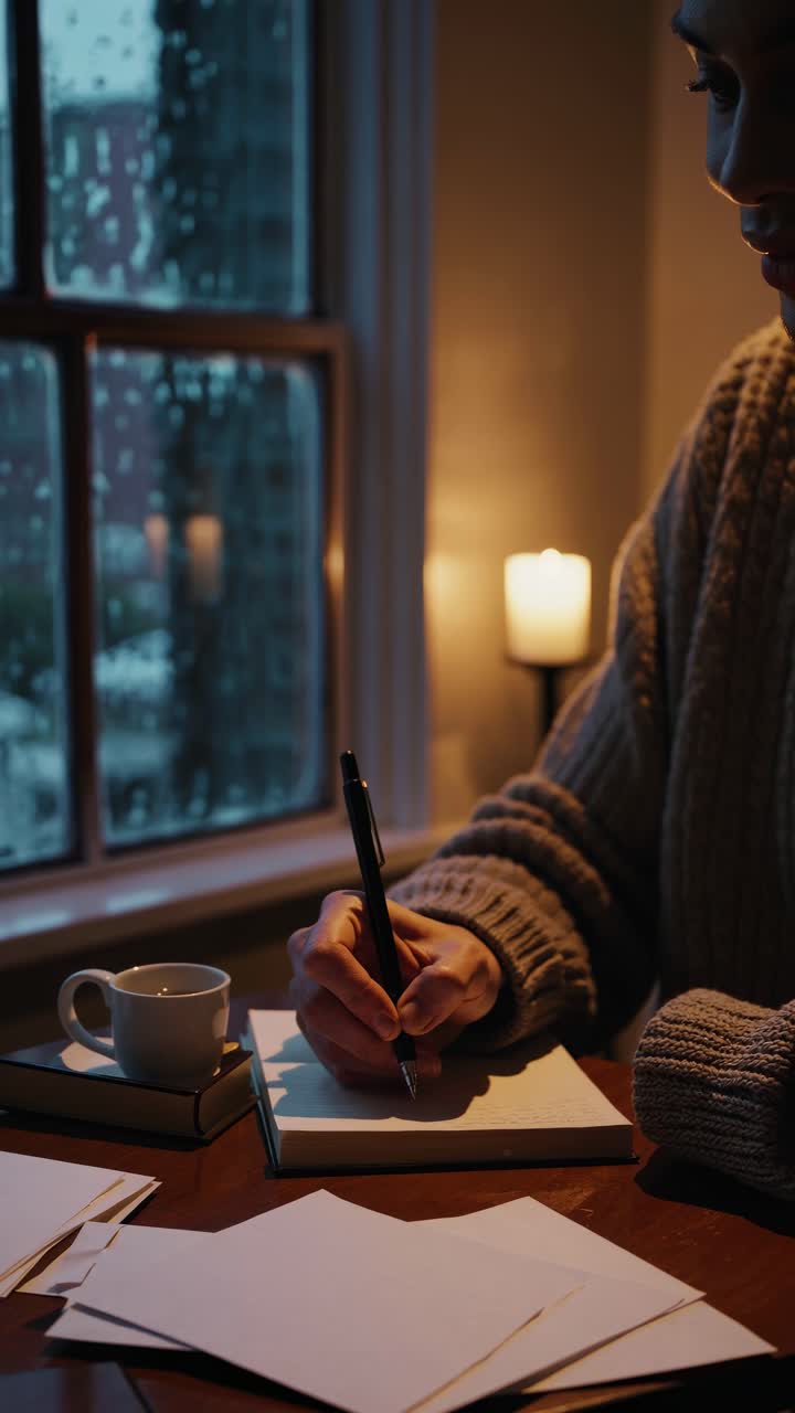 Cozy video scene of a person writing at a desk by a rainy window