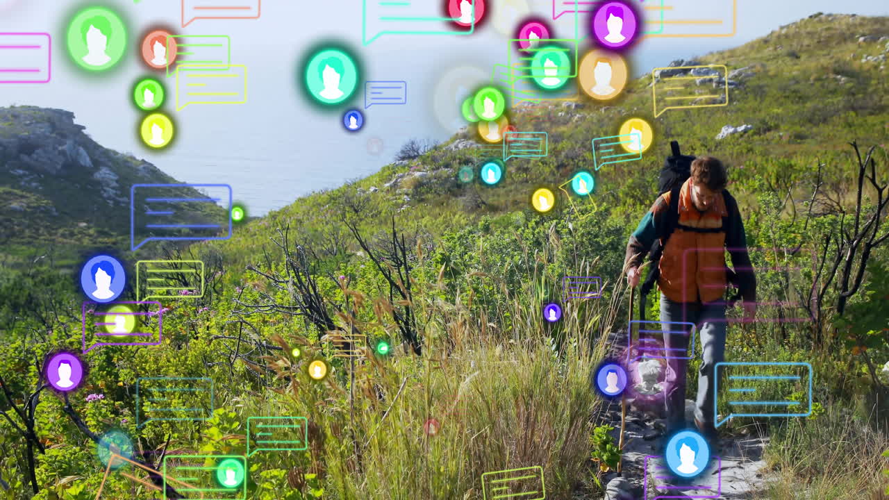 Exploring hillside, hiker surrounded by colorful animation of social media icons