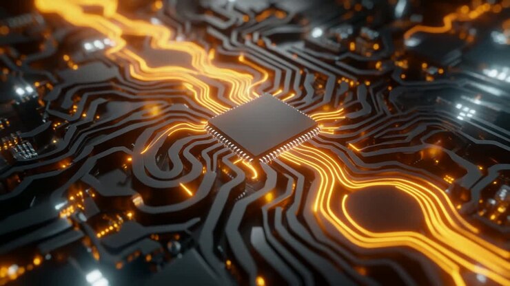 Digitale data strømmende gennem en futuristisk printplade med processor