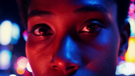 close-up portrait of a woman with neon lights