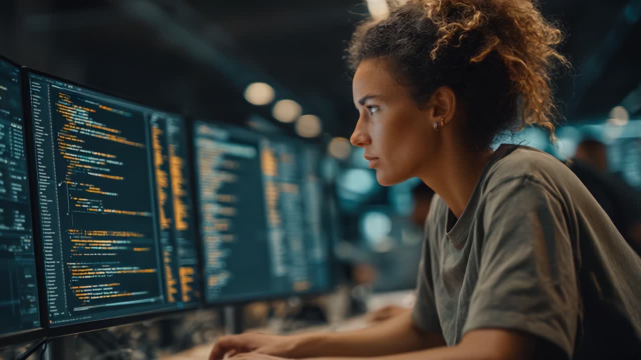 Focused Programmer Analyzing Complex Code on Multiple Screens in a Modern Tech Environment, Showcasing Concentration and Technical Skills