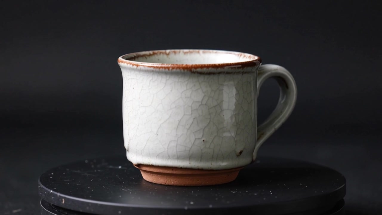 Spinning turntable rotating ceramic mug on studio table, showing crackle glaze and terracotta foot