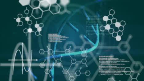 animation of data processing and chemical formula over dna strand