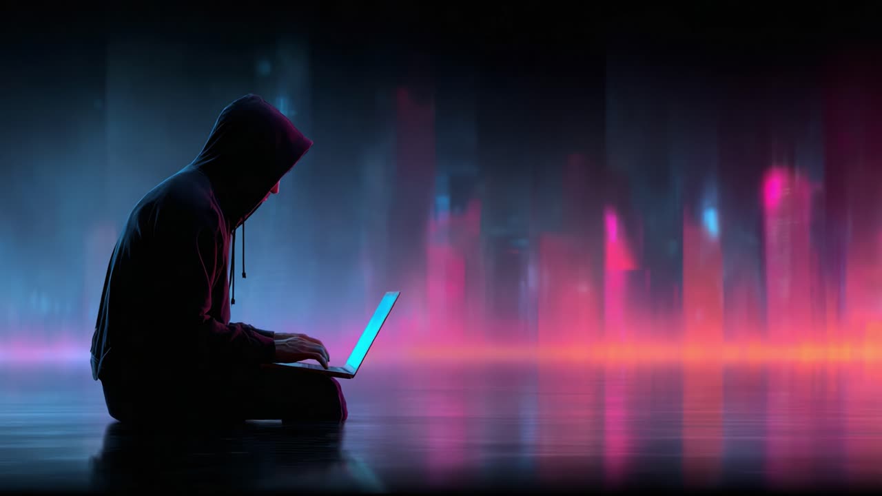 A mysterious figure in a dark hoodie sits in front of a glowing laptop, immersed in a digital world illuminated by colorful lights, creating a sense of intrigue and secrecy