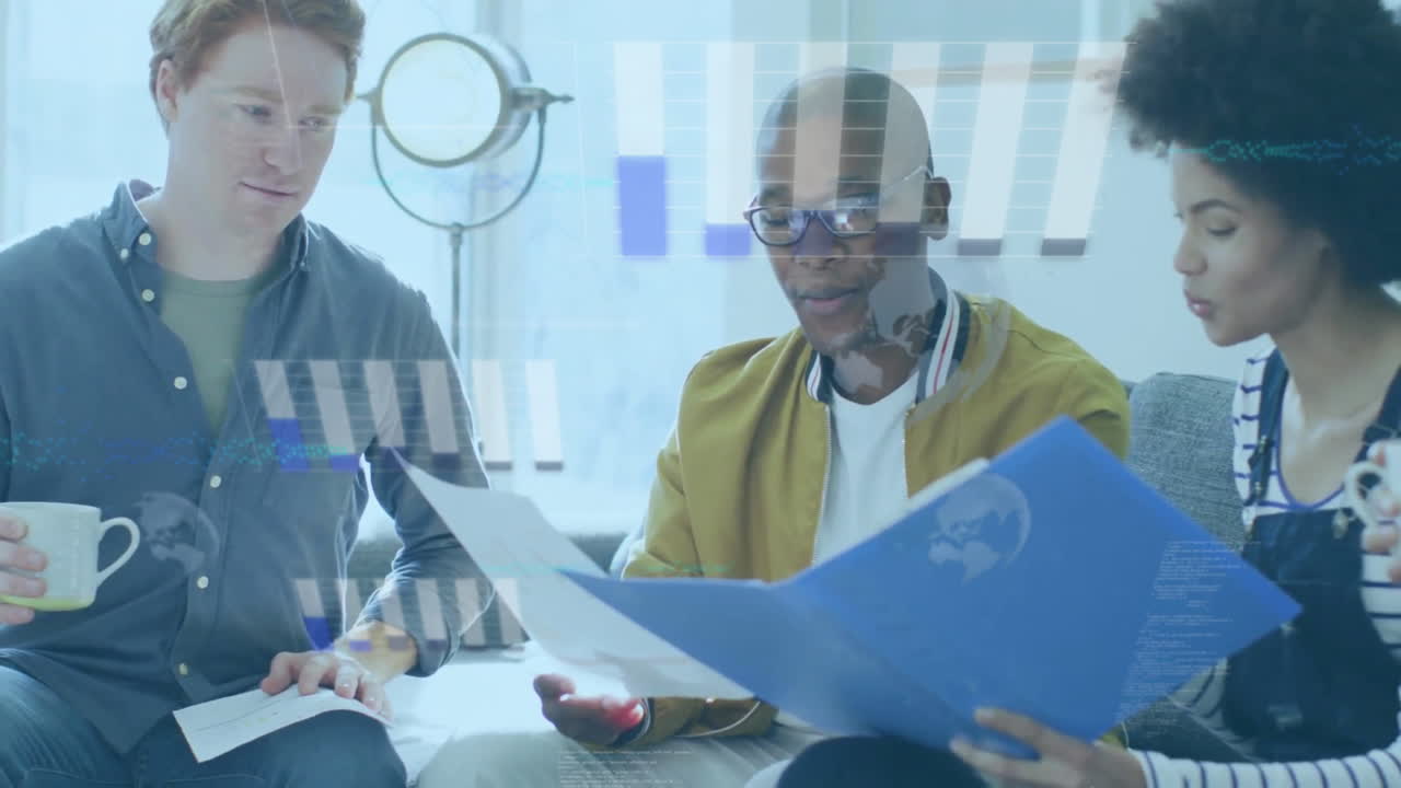 Animation of financial data processing over diverse colleagues having meeting at office