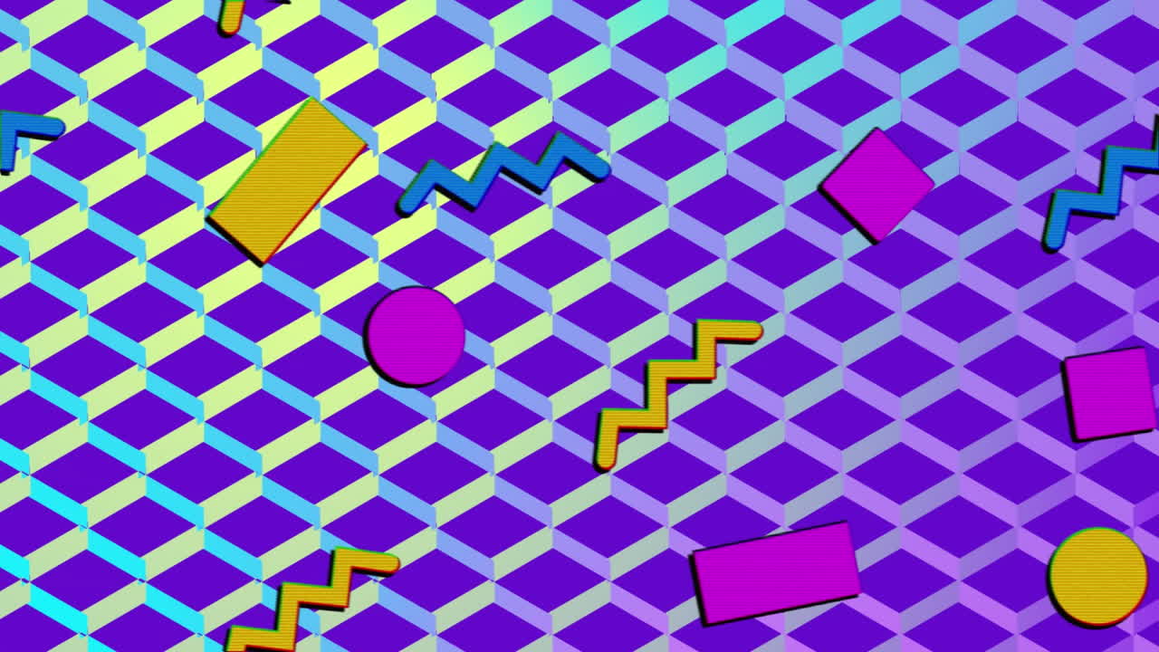 Animazione di forme geometriche ripetute gialle, blu e rosa su una griglia viola e blu su sfondo viola.