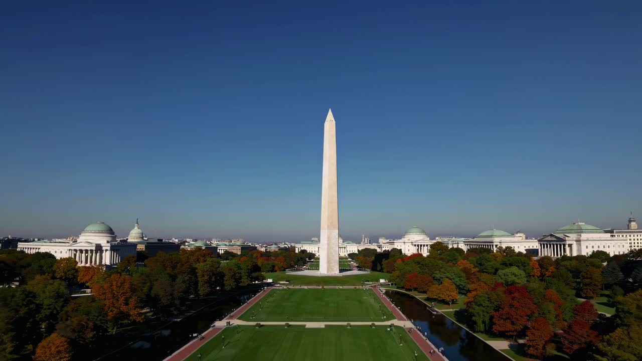 Aerial video captures the Washington Monument from a high angle, showcasing its grandeur amidst