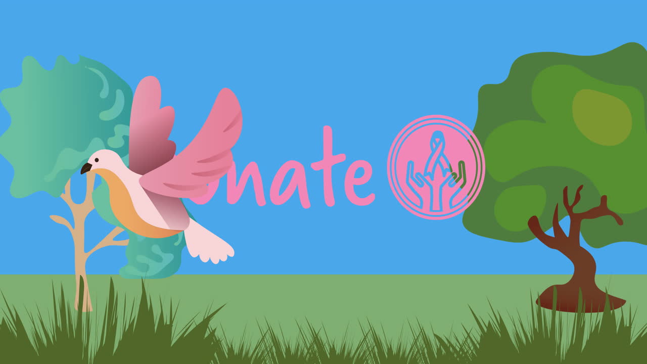 animación del logotipo de la cinta rosa y el texto de donación sobre árboles y pájaros