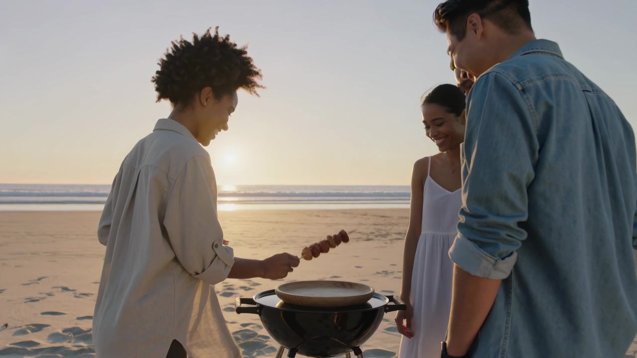 Sun glinting, woman in overshirt sliding kebabs off skewer onto grill at beach sunset for friends