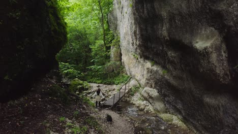 woman hiking through a forest canyon