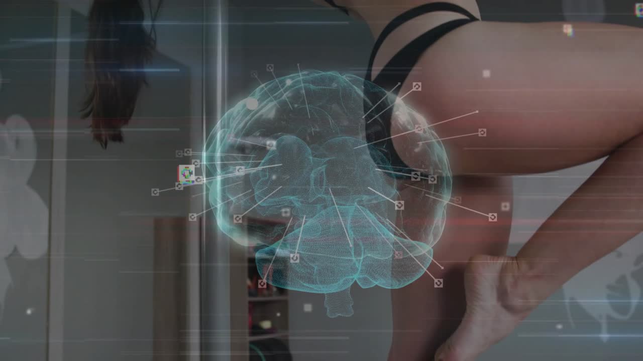Woman dancer entering studio gripping pole while stretching and projecting brain hologram for tech