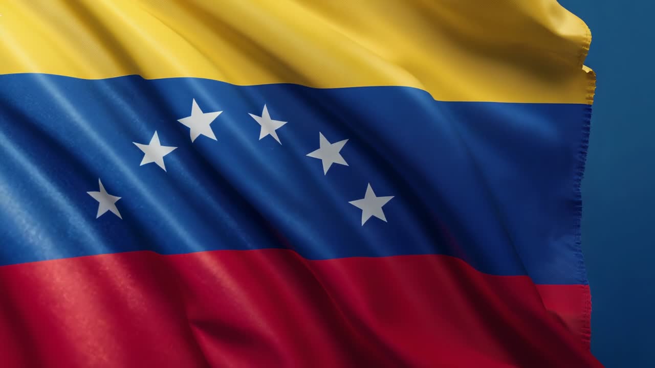 Bandeira Venezuelana Ondulando à Brisa em Estúdio, Destacando o Brilho do Tecido e Oito Estrelas