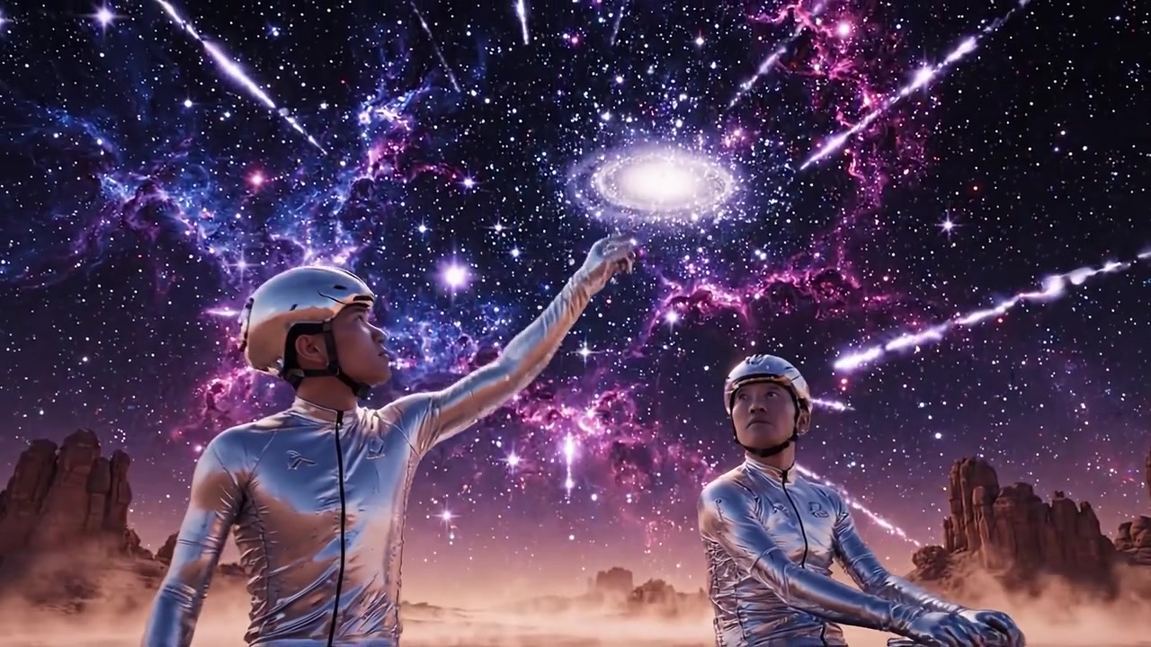 Two futuristic figures seated on a sleek vehicle as they gaze at a breathtaking cosmic explosion in a star-filled desert landscape, highlighting the beauty of the universe.