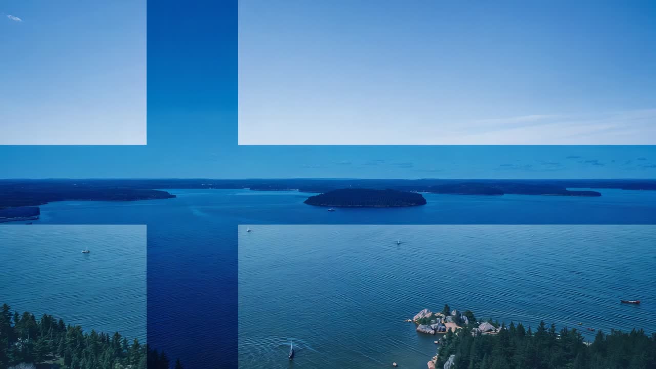 Starting drone camera capturing wide coastal bay, revealing tree-covered island and boat wakes