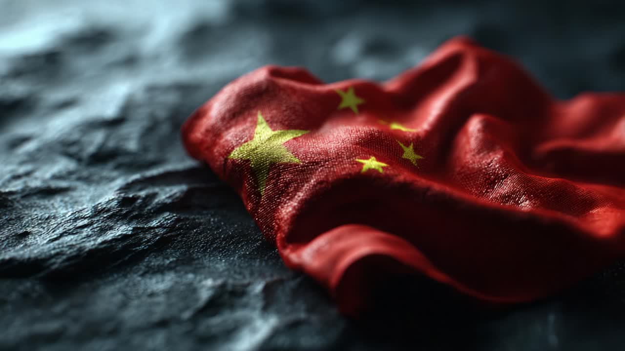 A Close-Up Visual of a Gently Crumpled Red Fabric with Golden Stars, Capturing the Essence of National Identity and Symbolism on a Textured Dark Surface