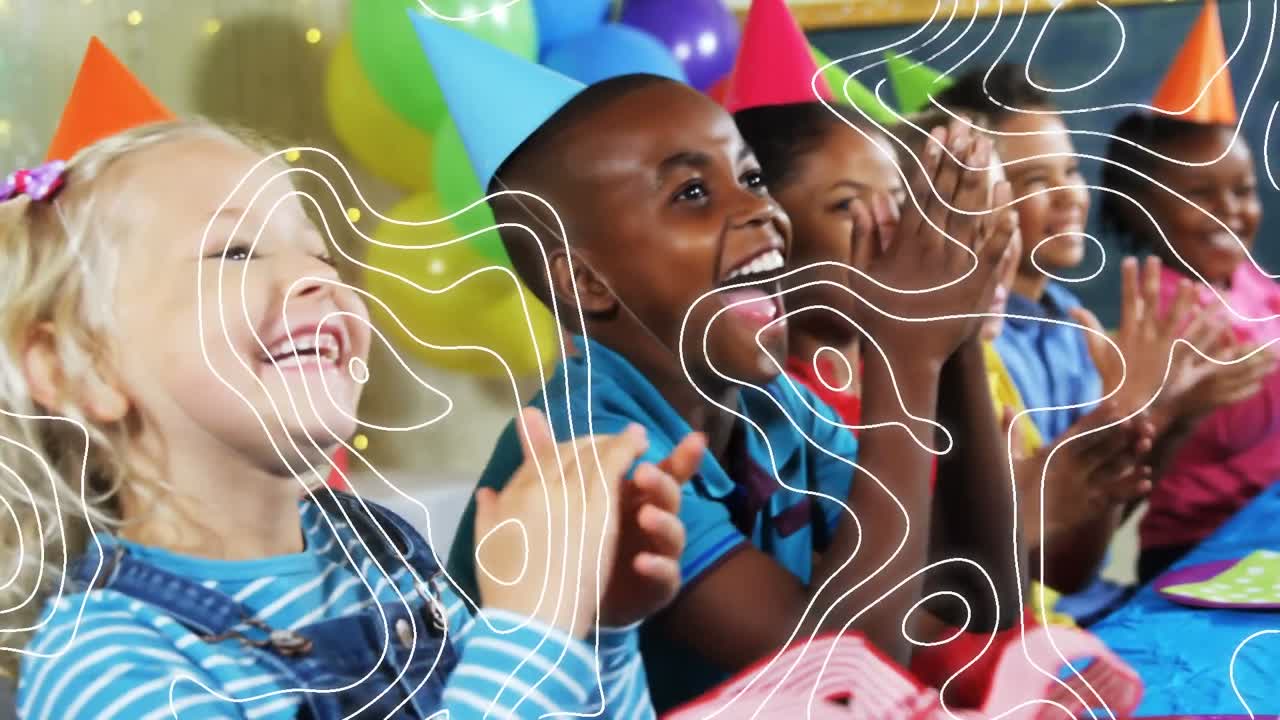 Animation of white lines moving over children clapping having fun at party