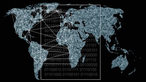 Animation of digital data processing and world map over dark background