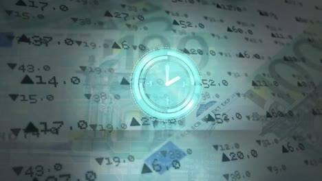 animation of clock moving over money and financial data