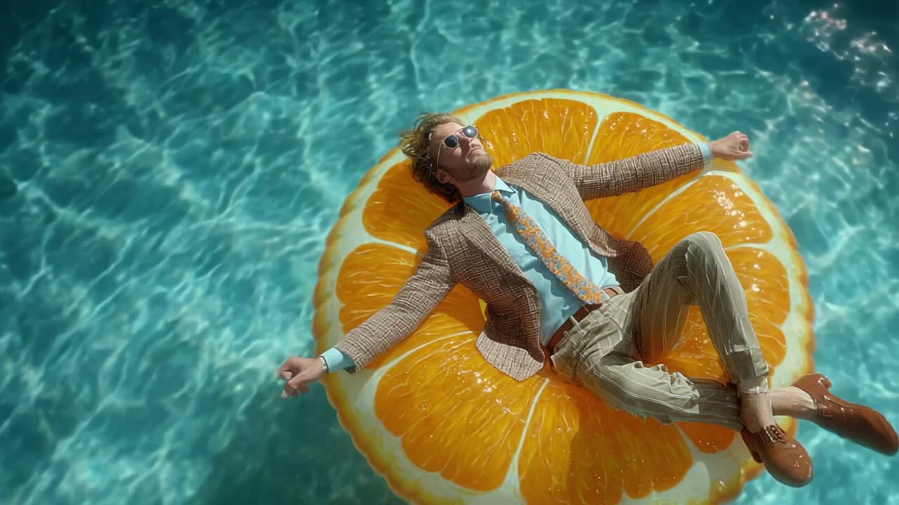 A Stylish Man Relaxing on an Oversized Orange Slice Float in a Sparkling Pool: Embracing Summer Vibes with Elegance and Comfort