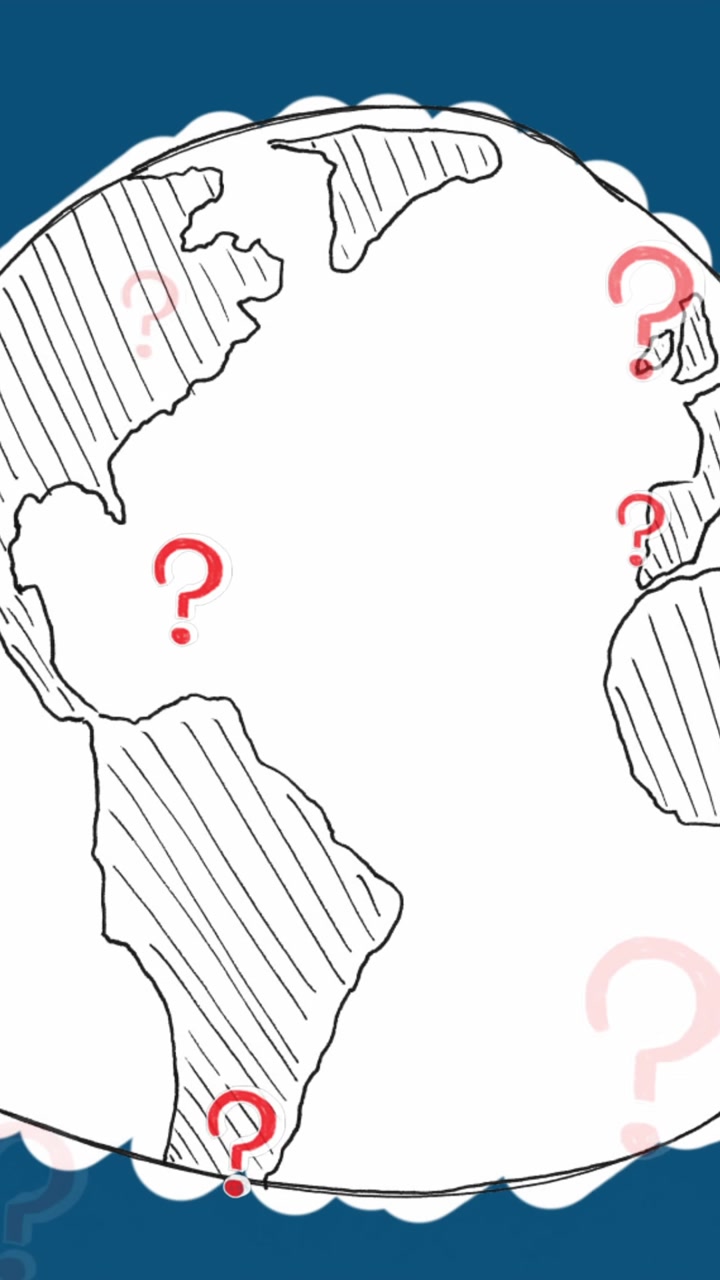 Animazione di simboli di punti interrogativi su disegno del mappamondo su sfondo blu.