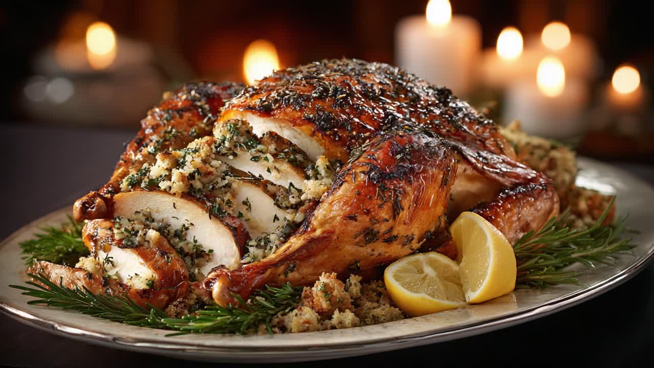 A Deliciously Roasted Turkey Presented on a Silver Platter Surrounded by Fresh Herbs and Lemon, Perfectly Cooked with Succulent Stuffing and a Glorious Glaze