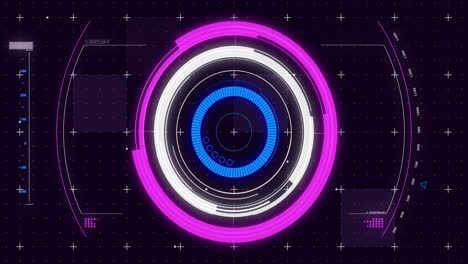 animation of glowing scope scanning and spinning with markers on grid background