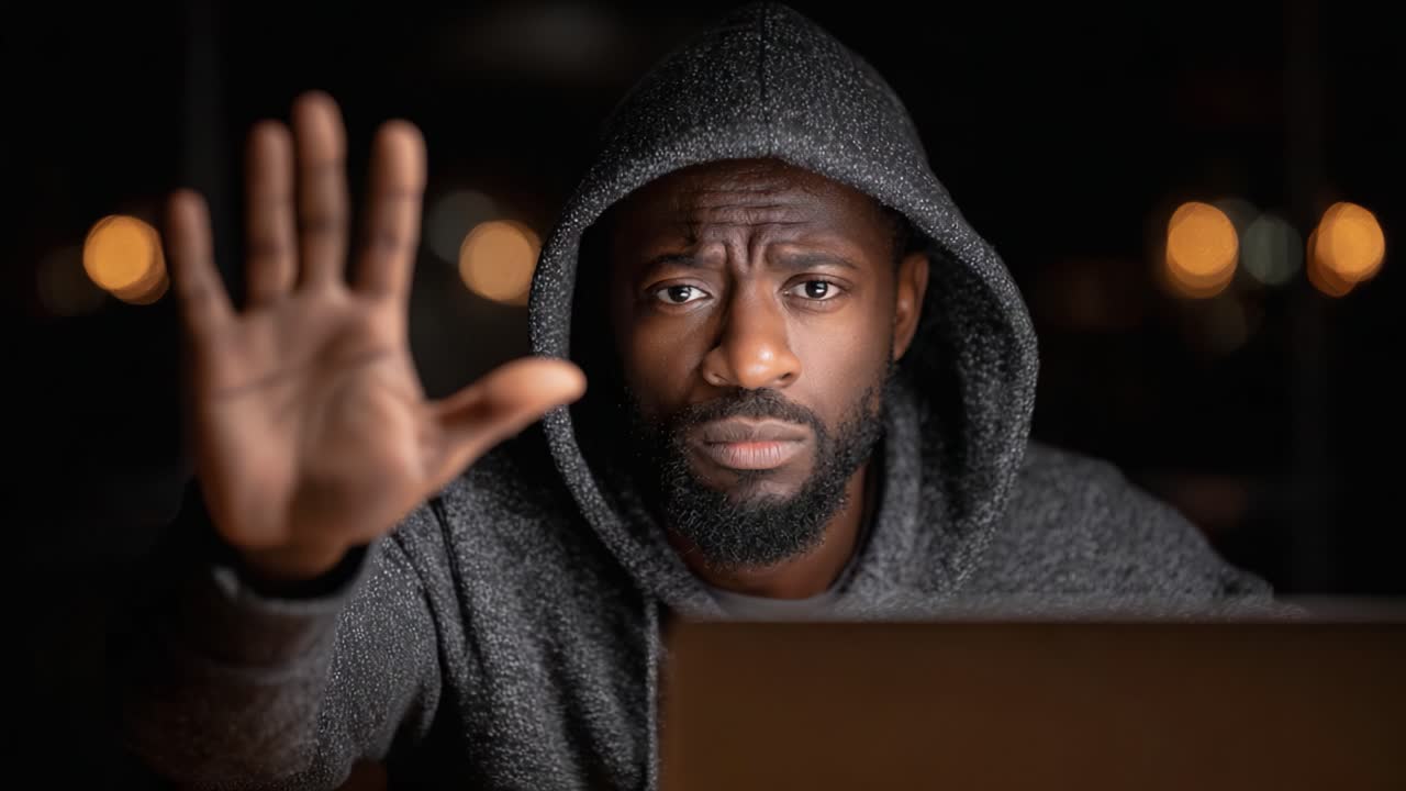 A Man in a Hooded Sweatshirt Signals Urgency and Concern, Expressing Emotion and Communication Through Gestures in a Dimly Lit Environment