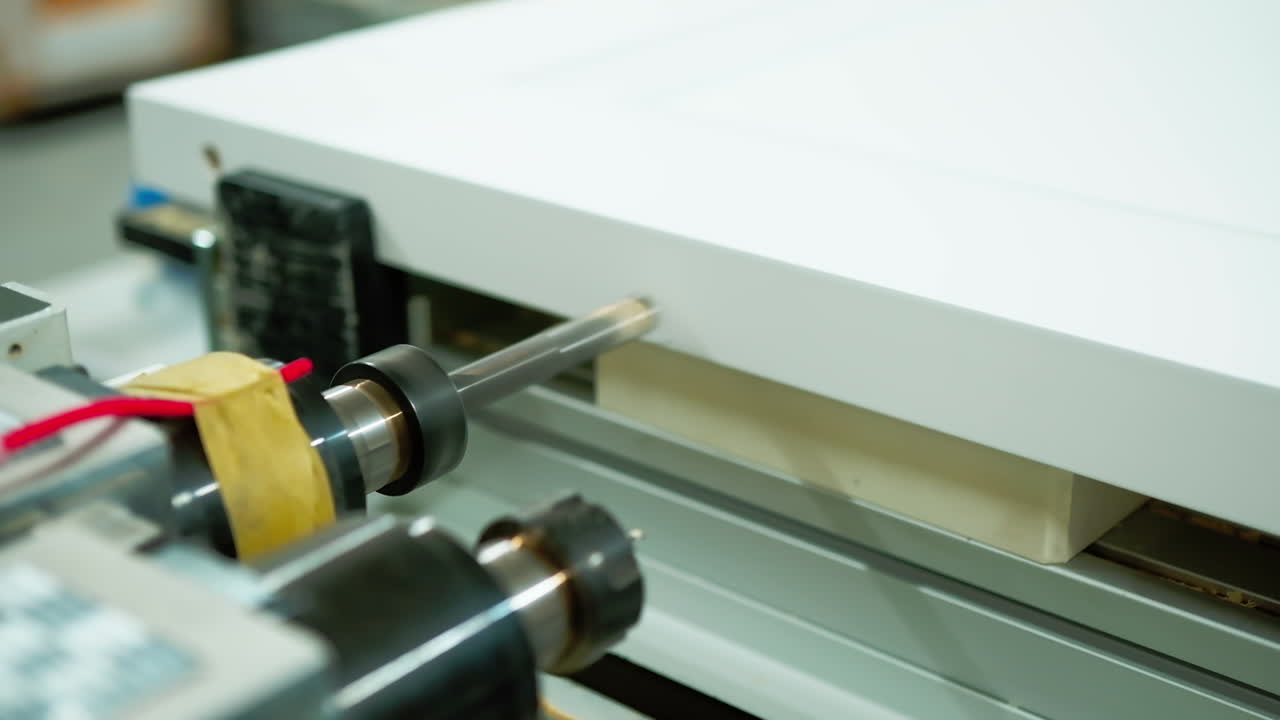 Furniture production. Modern machine tool for making doors. Industrial equipment making hole in wooden board. Close-up.