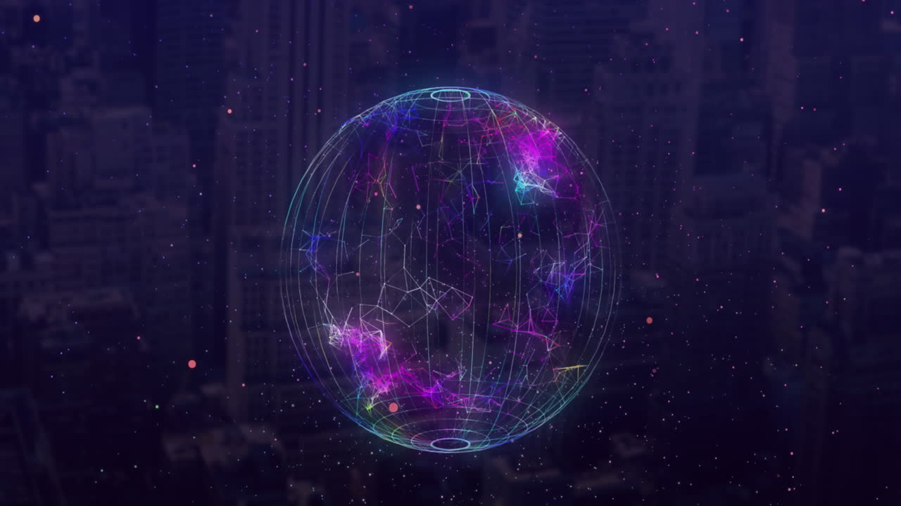 Globe of network of connections against cityscape