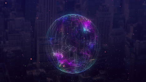 globe of network of connections against cityscape