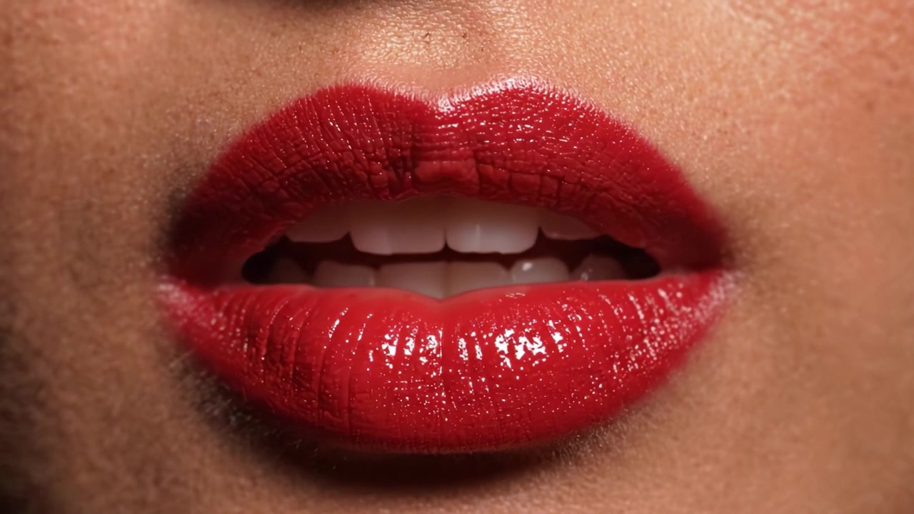 Close-Up of Luscious Red Lips Showcasing Vibrant Lipstick Application with a Glossy Finish, Highlighting the Beauty of Makeup Artistry and Lip Care Techniques