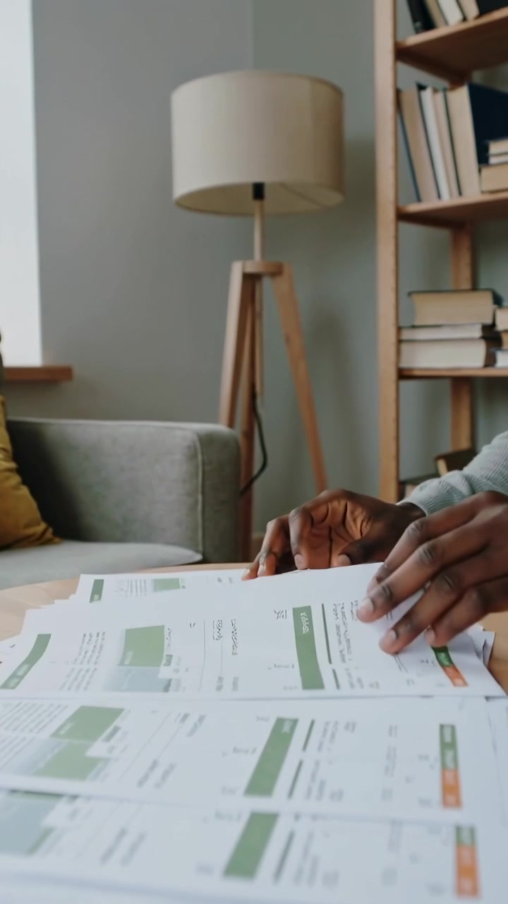 Vertical video: Reaching hands reviewing and organizing documents at home table in light sweater