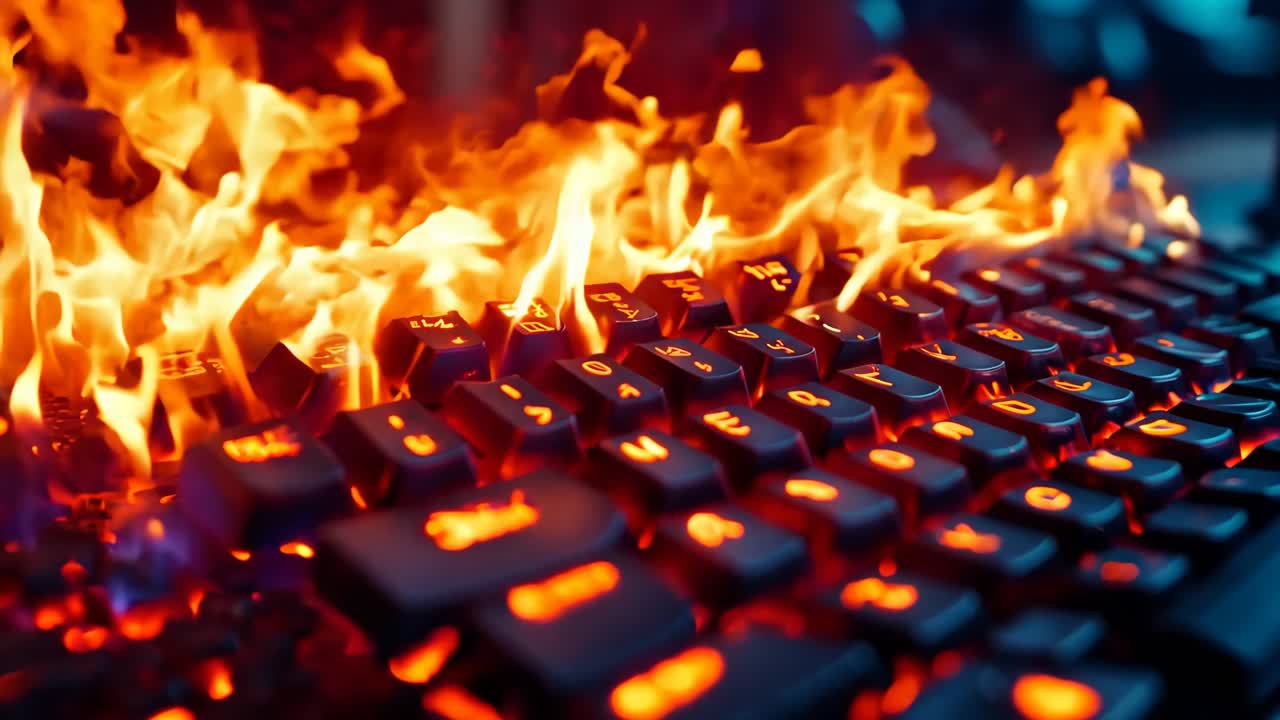 A computer keyboard on fire with a blue background