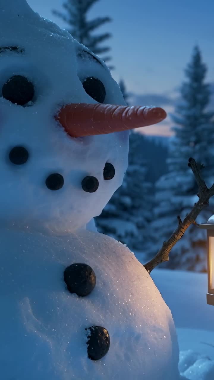 Vertical video: Camera starting on snowman lantern, pulling back to reveal pine trees and log cabin