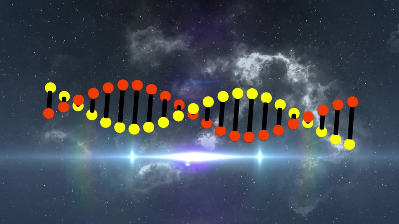 Nodi rossi e gialli appaiono, aste si estendono formando una doppia elica che si attorciglia in un disco centrale color pesca