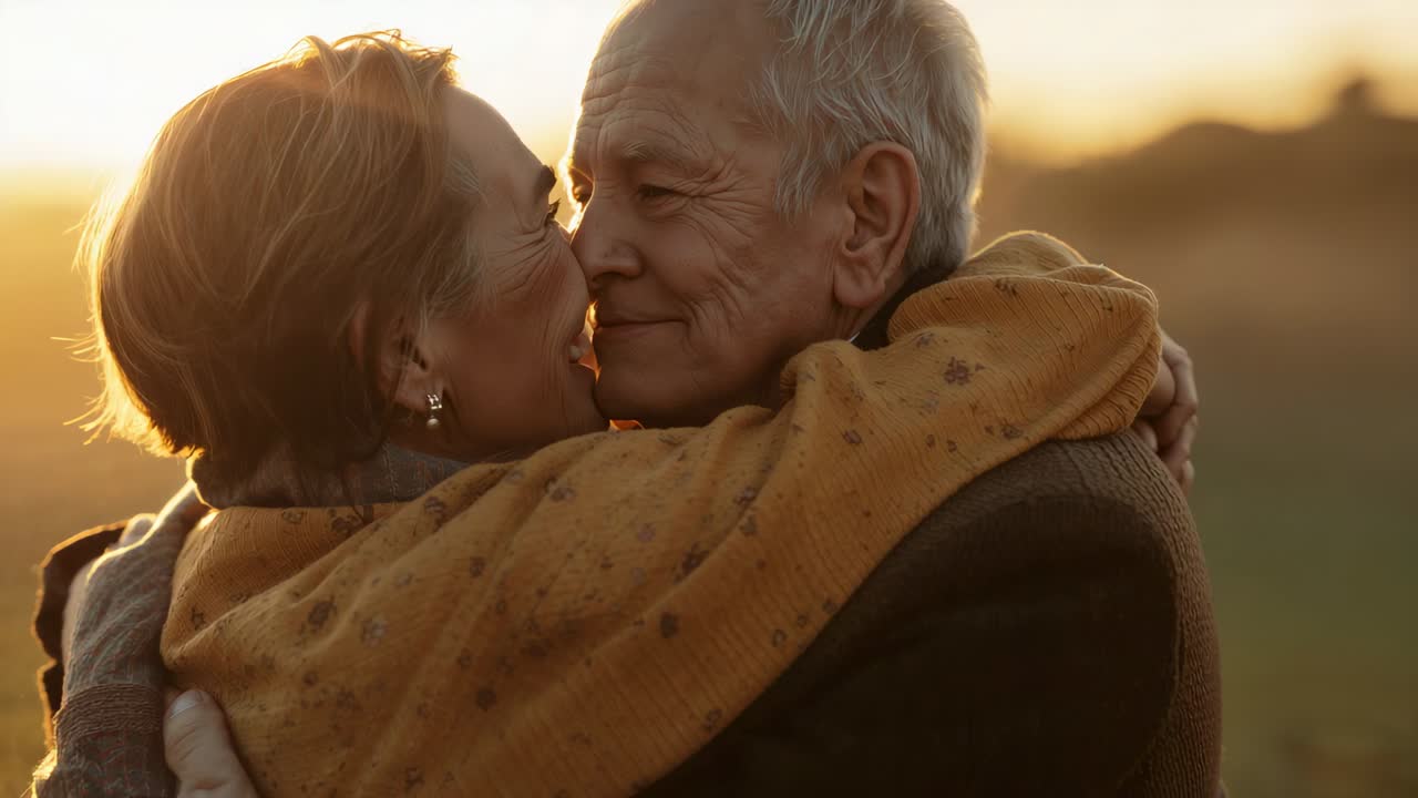 Nuzzling seniors embracing in sunset field, sun flare appearing, showing mustard shawl, brown coat