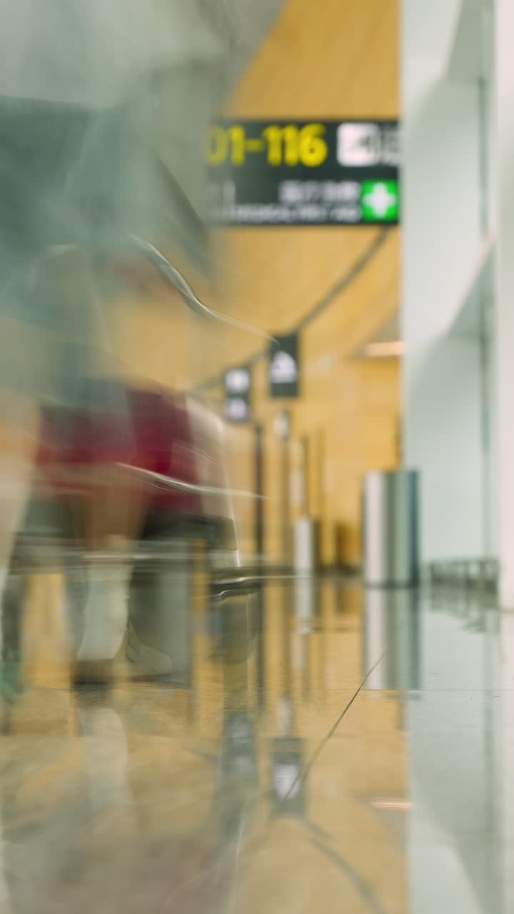 Time lapse desenfocado en el vestíbulo de la puerta de embarque del aeropuerto, toma vertical.