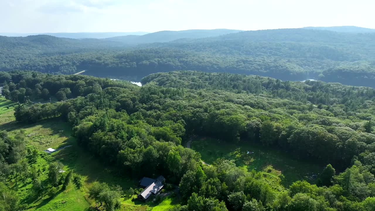 Drone high angle aerial establishing of Upper Northampton Reservoir and MacLeish Field Station