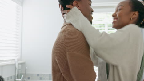 Black-couple,-dance-and-love-in-home-kitchen