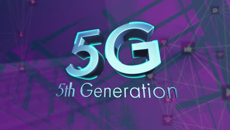animación de texto de 5g de quinta generación y con redes de conexiones a través de edificios de oficinas
