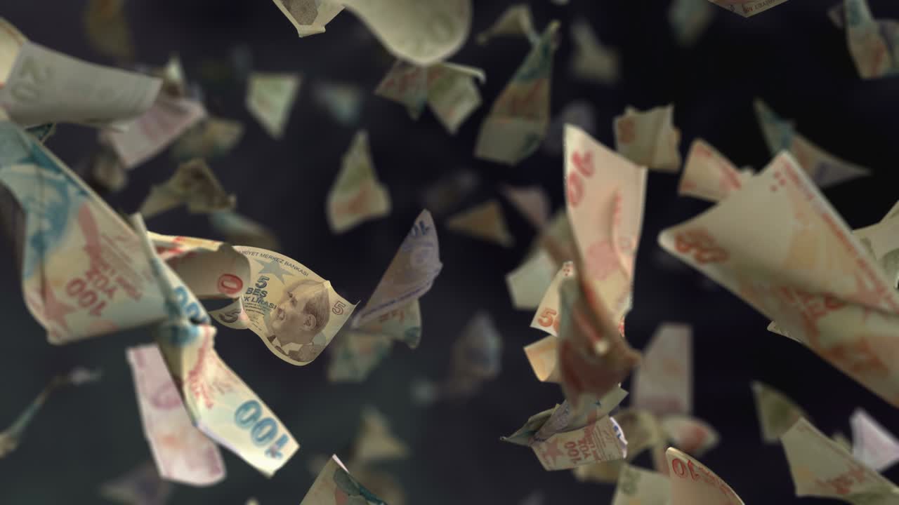 터키 리라 지폐가 떨어지는 4k 루프