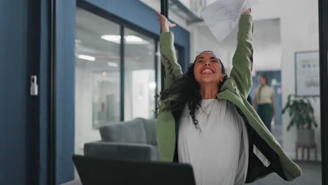 laptop, documents or excited black woman celebrate