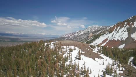 aerial panorama of snow-capped peaks and a vast green forest above a frozen lake