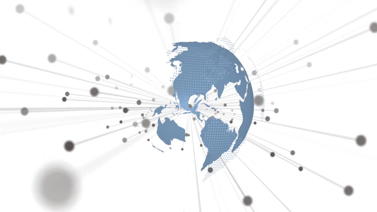 Animation of network of connections over spinning globe on white background