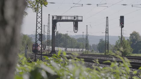 tren de mercancías que pasa con el enfoque en los contenedores de carga, primer plano natural borroso